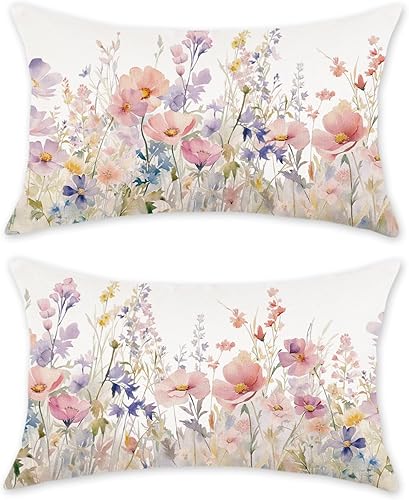 Miniatura 7 de TAJWE Juego de 2 fundas de almohada florales de primavera de 12 x 20 pulgadas, fundas lumbares de flores moradas de verano para sofá, decoración del