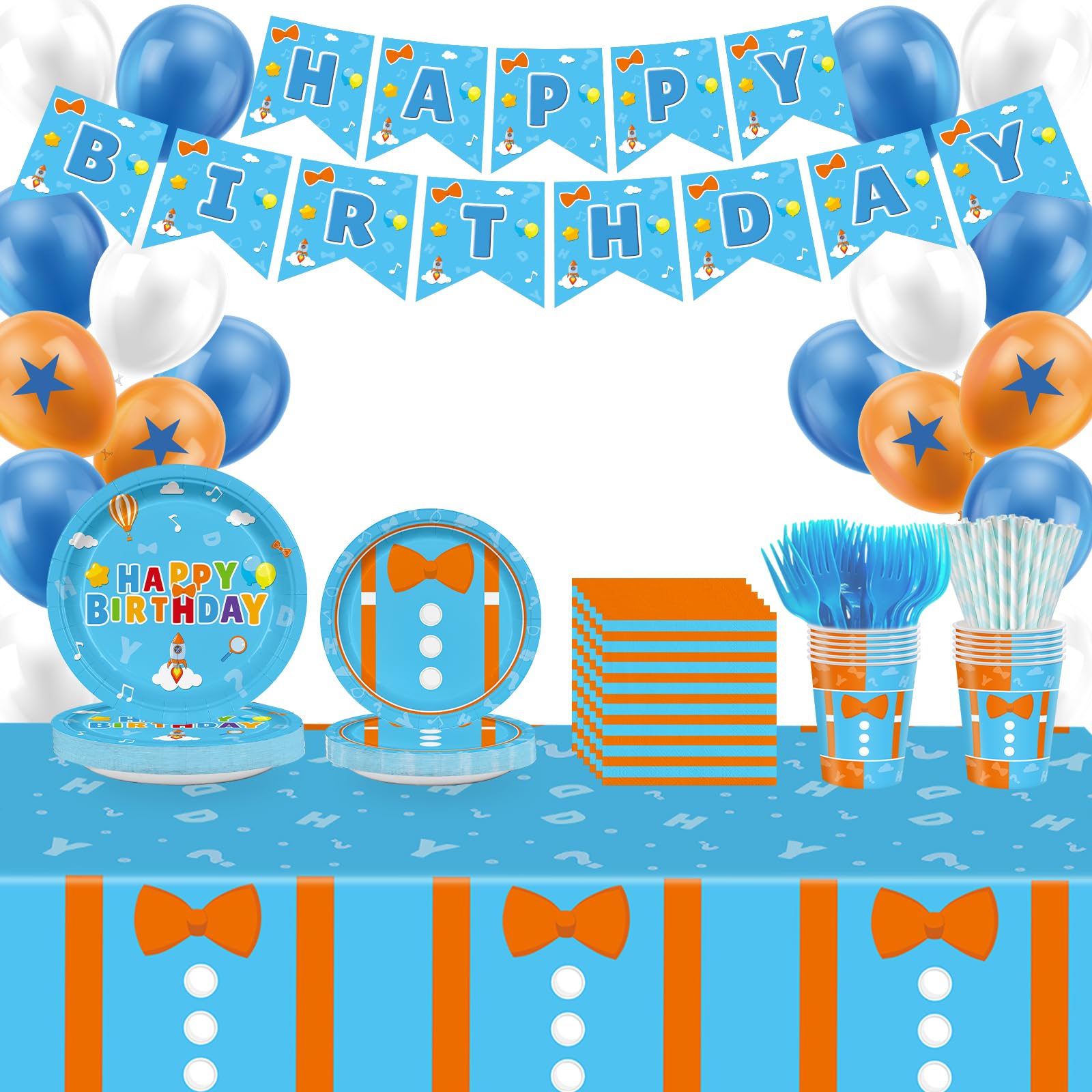170pcs Cartoon Teacher Party Supplies for Girls Boys Teacher Happy Birthday Party Decorations Including Orange Blue Paper Plates Napkins Cups with Tablecloth Balloon Banner for 24 Guests