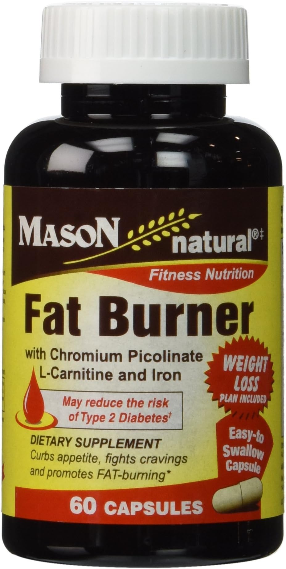 Mason Natural Fat Burner with Chromium Picolinate, L-Canitine and Iron 60 Capsules per Bottle Pack of 3 Bottles