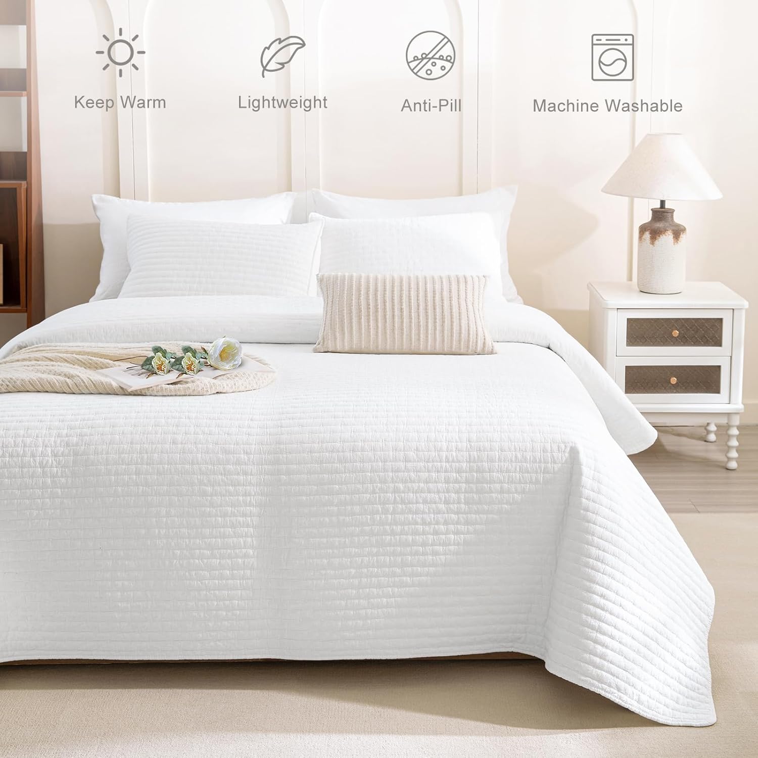 Masaca White Oversized King Quilt 120x120,Lightweight Oversized King Bedspread,3 Piece Extra Large Modern California King Coverlet Set Ultra Soft - Image 2