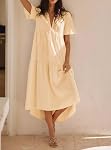 R.Vivimos Womens Summer Cotton Flowy Maxi Dress Short Sleeve V Neck Empire Waist Boho Tiered Ruffle Casual Loose Long Dresses