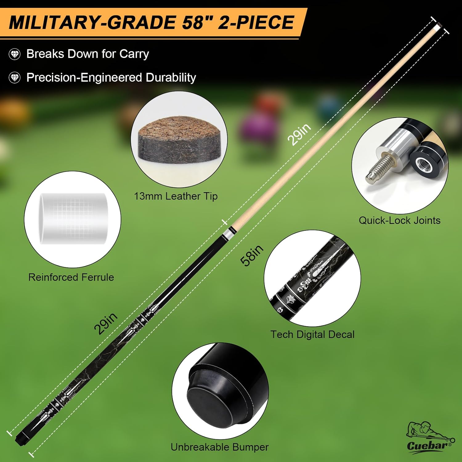 Pool Cue Stick 58 Inch 2-Piece Billiard Cues with Geometric Sword Inlays, Unwrapped Grip, Maple Shaft, 13mm Tip - Choose from 8 Colors and 4 Weights