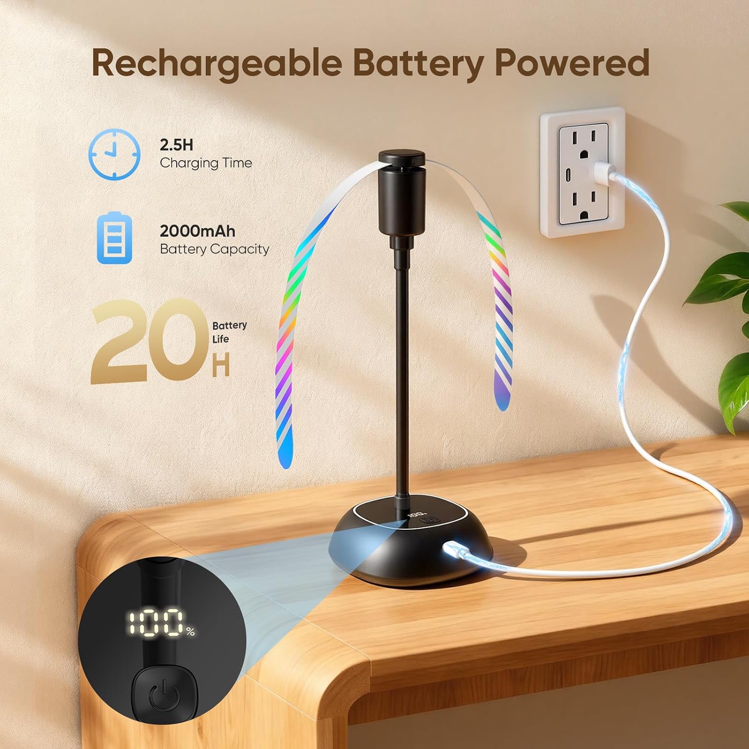 Edvision Fly Fans for Tables, 2000mAh Rechargeable Food Fan Last Up to 20H | Real-Time Battery Display, USB-C Fast Charging, Flexible Neck for 360° Coverage, Soft Safety Blade Fly Fan for Outdoor Dining