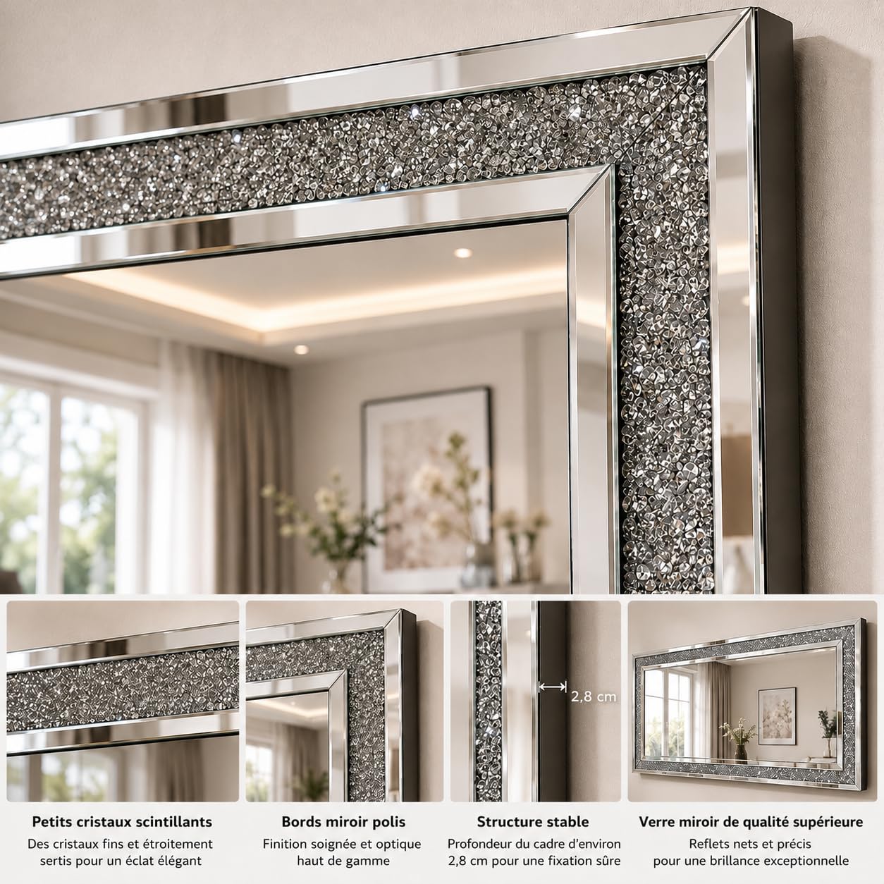 Grand Miroir Mural Salon Rectangulaire 120x60cm Déco Diamant Verre Biseauté