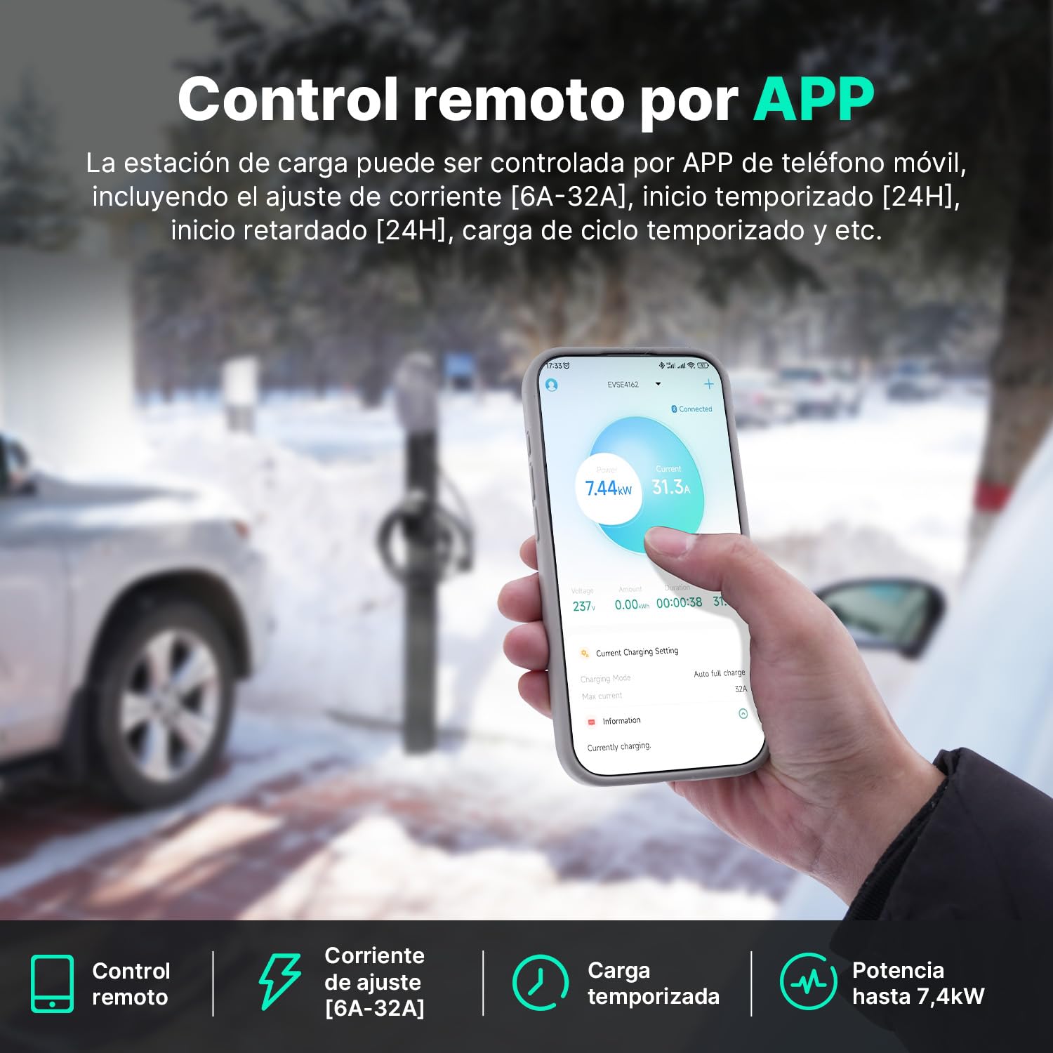 Estación de Carga de vehículos eléctricos de 7,4 kW con Control por App, Monofasico 32A wallbox con Cable de 6M, Estación de Carga con RCD Tipo-B y Protección para BEV/PHEV, IP66