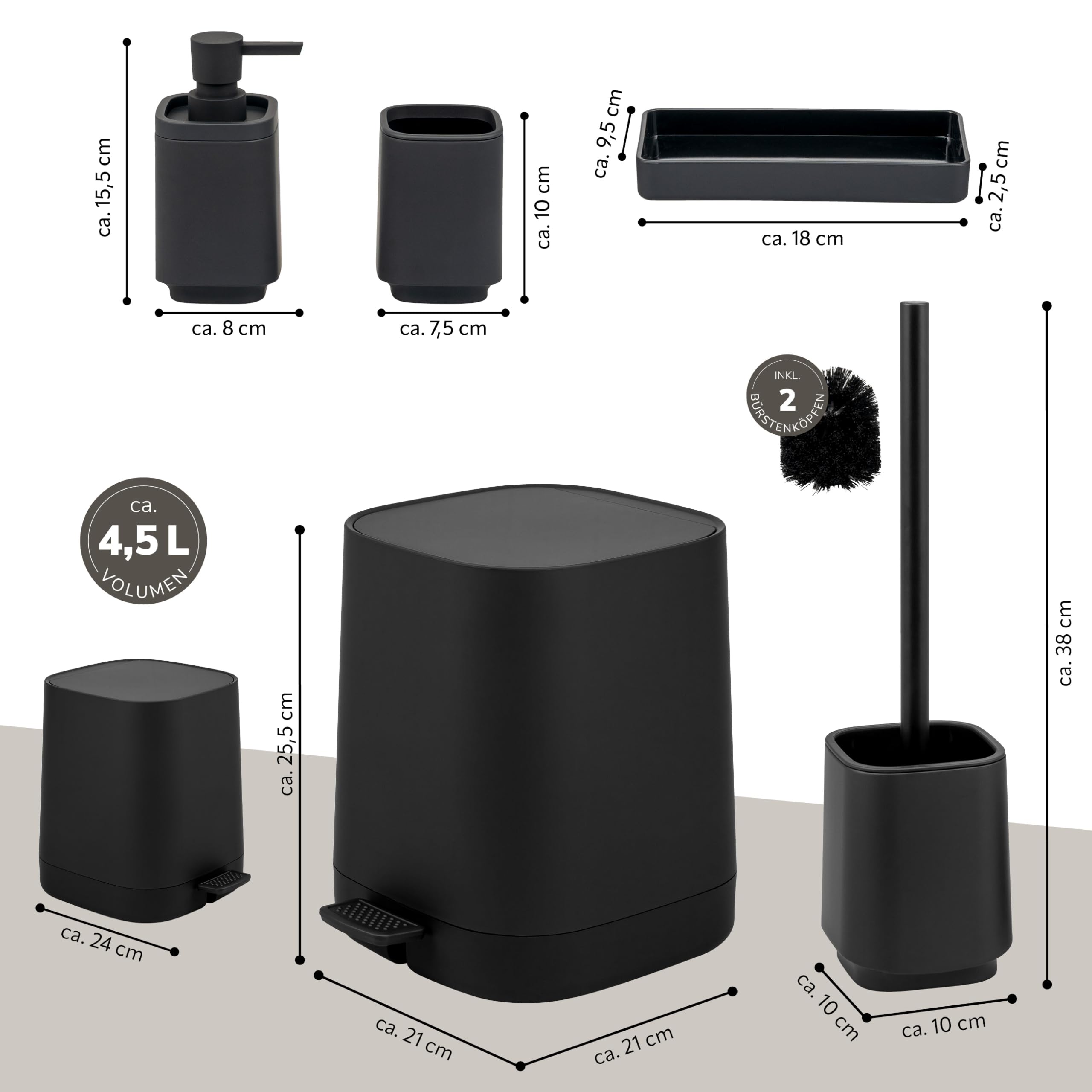 eluno Badezimmer-Set VALONA mit Soft-Touch Oberfläche, Bad-Accessoires Set 5tlg., Seifenspender, Becher, Schale, Kosmetikeimer und WC-Garnitur ideal für Bad und Gäste-WC aus Kuntstoff (Schwarz)