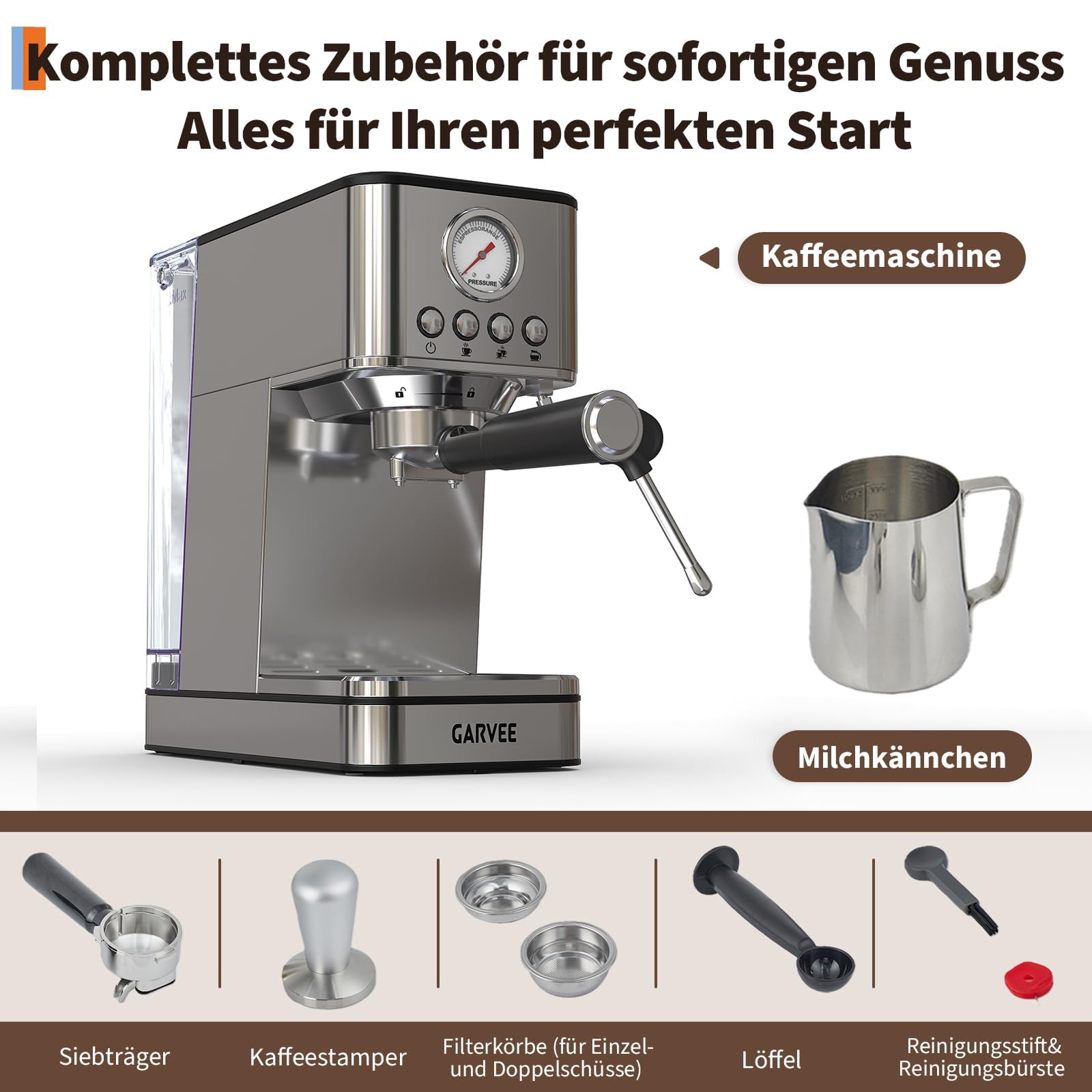 Acekool Cafetera cafetera italiana semiautomática 20 bares – Calentamiento rápido por termobloque – Depósito de agua 1,7L – Vaporizador de leche 360° – Acero inoxidable – Diseño compacto europeo –
