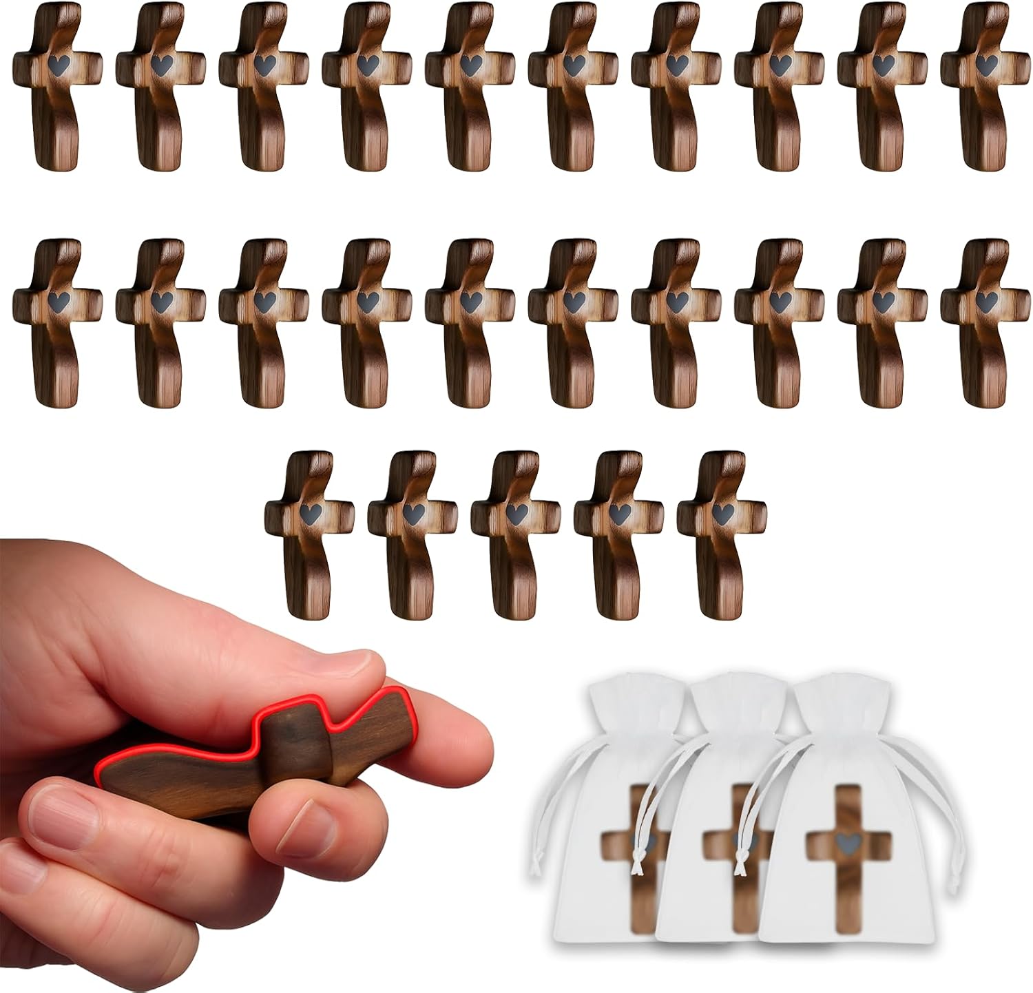 JimSeiSei 25-Pack Wooden Cross Fidget Pocket Prayer, Walnut Comfort Fidget for Anxiety Relief, Small Wooden Crosses Bulk Christian Gifts for Easter & Christmas with Organza Bags