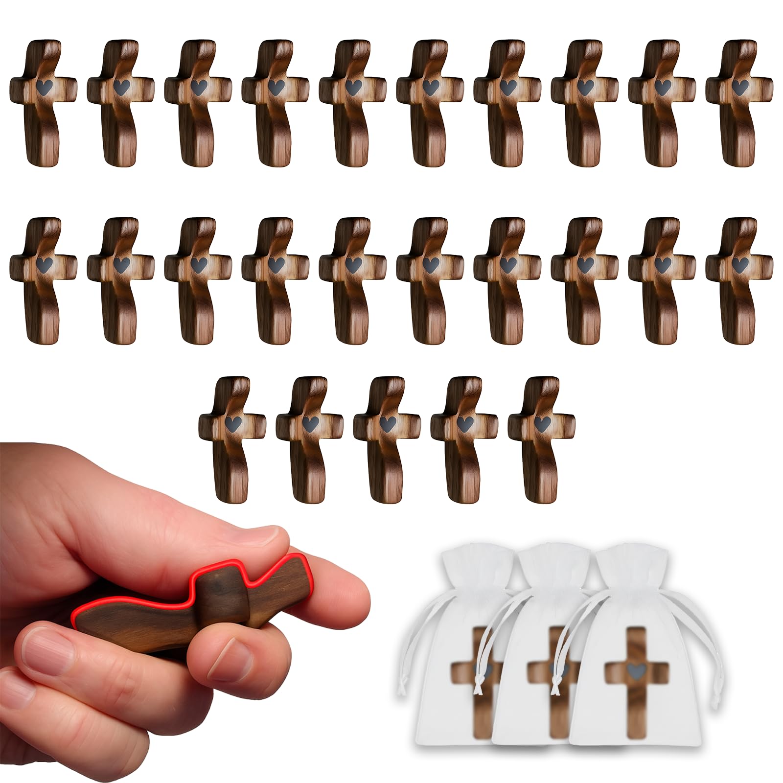 JimSeiSei 25-Pack Wooden Cross Fidget Pocket Prayer Walnut Comfort Cross for Anxiety Relief, Small Wooden Crosses Bulk Christian Gifts for Prayer, Church, Baptism &amp; Mother's Day with Organza Bags