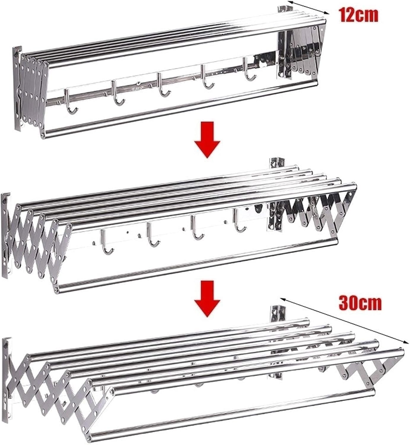40-100cm Wall Mounted Clothes Rail Laundry Drying Rack Foldable Space-Saving Airer Coat Hanger Racks Dryer Rod Hooks for Outdoor Indoor Fashionable