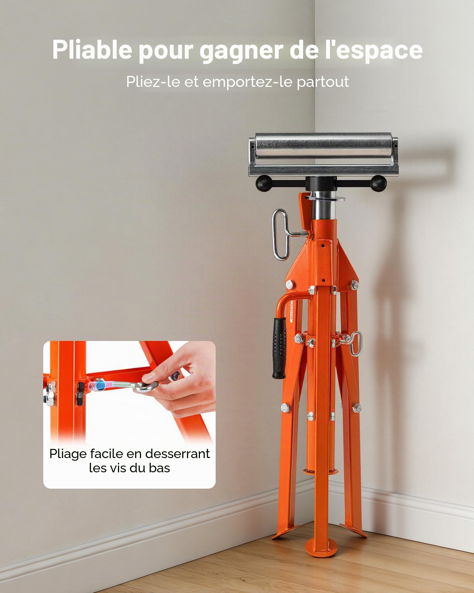 VEVOR Servante à Rouleaux Capacité de Charge 1134 kg Support à Rouleau Pliable Hauteur Réglable 700-1320 mm en Acier avec Base Stable pour Accueillir Tuyaux Jusqu'à 305 mm de Diamètre, Planches