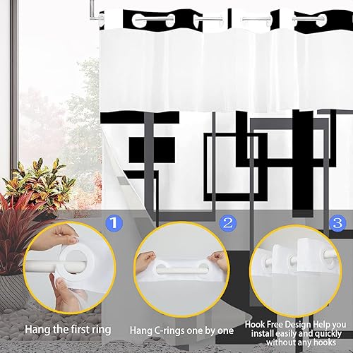 Miniatura 7 de Emwnodti Juego de cortinas de ducha sin gancho en blanco y negro con forro a presión, diseño geométrico moderno de arte transparente con ventana,