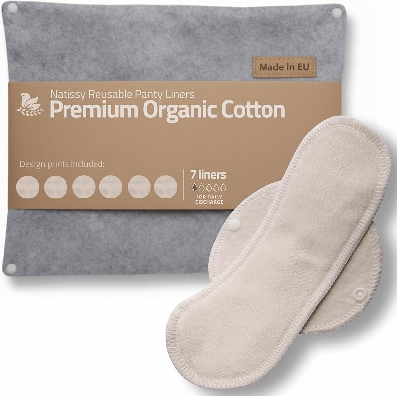 Protèges Slip Lavables Réutilisables en Coton Bio pour Pertes Blanches (M, x7); FABRIQUÉS en UE, Lavables à Haute T°, 100% Respirants, Protection Féminine SEULEMENT pour Usage Quotidien (Sans PUL)