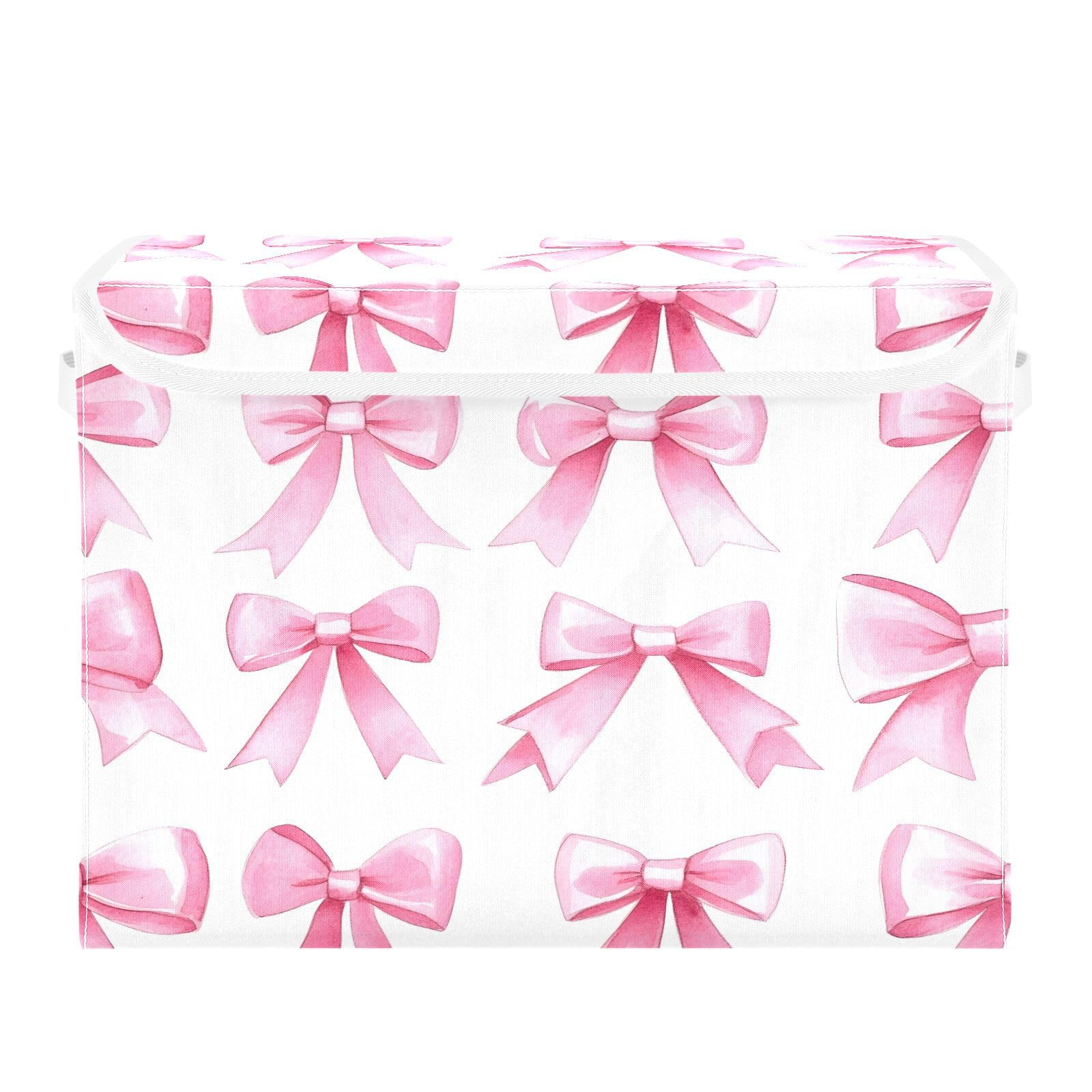 YETTASBIN Pink Bows Storage Basket with Lid and Handles, Large Collapsible Fabric Storage Bins Sturdy Storage Organizer for Shelves, Closet, Bedroom,