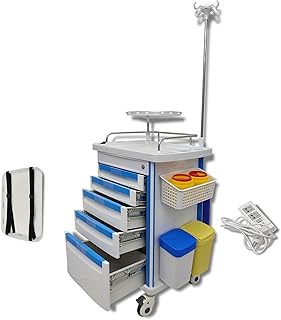 INTSUPERMAI Mobile Medical Crash Cart with Lock, Patch Panel, Hidden Workbench, Infusion Stand, Defibrillator Board, Oâ‚‚ Cylinder Bracket, Trash Bin - 5 Layer Drawers Med Emergency Cart for Hospital