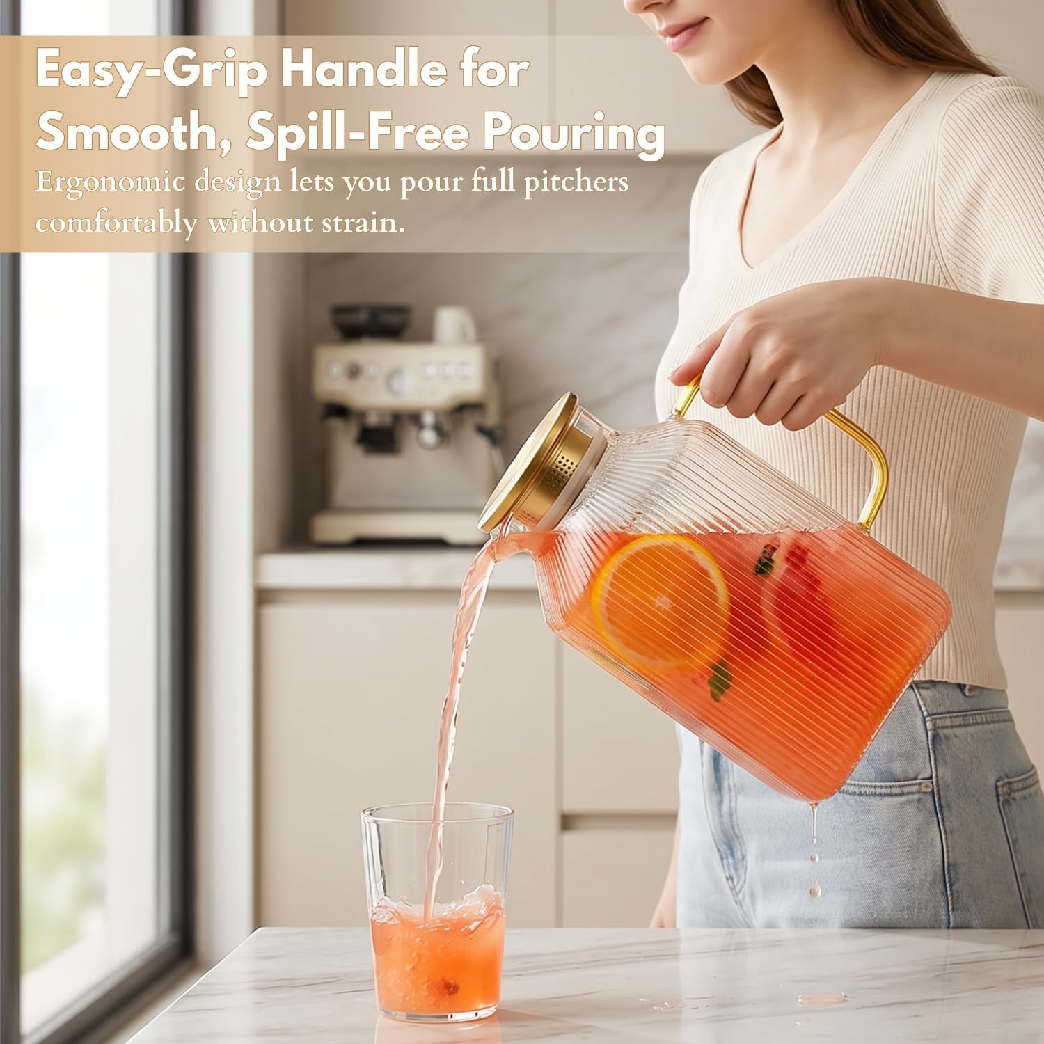 1 Gallon Glass Pitcher with Lid, 1 Pack Ribbed Glass Water Carafe with Spout for Iced Tea, Coffee, Juice, Airtight Seal Square Thickened Pitcher for Fridge, Hot/Cold Brew