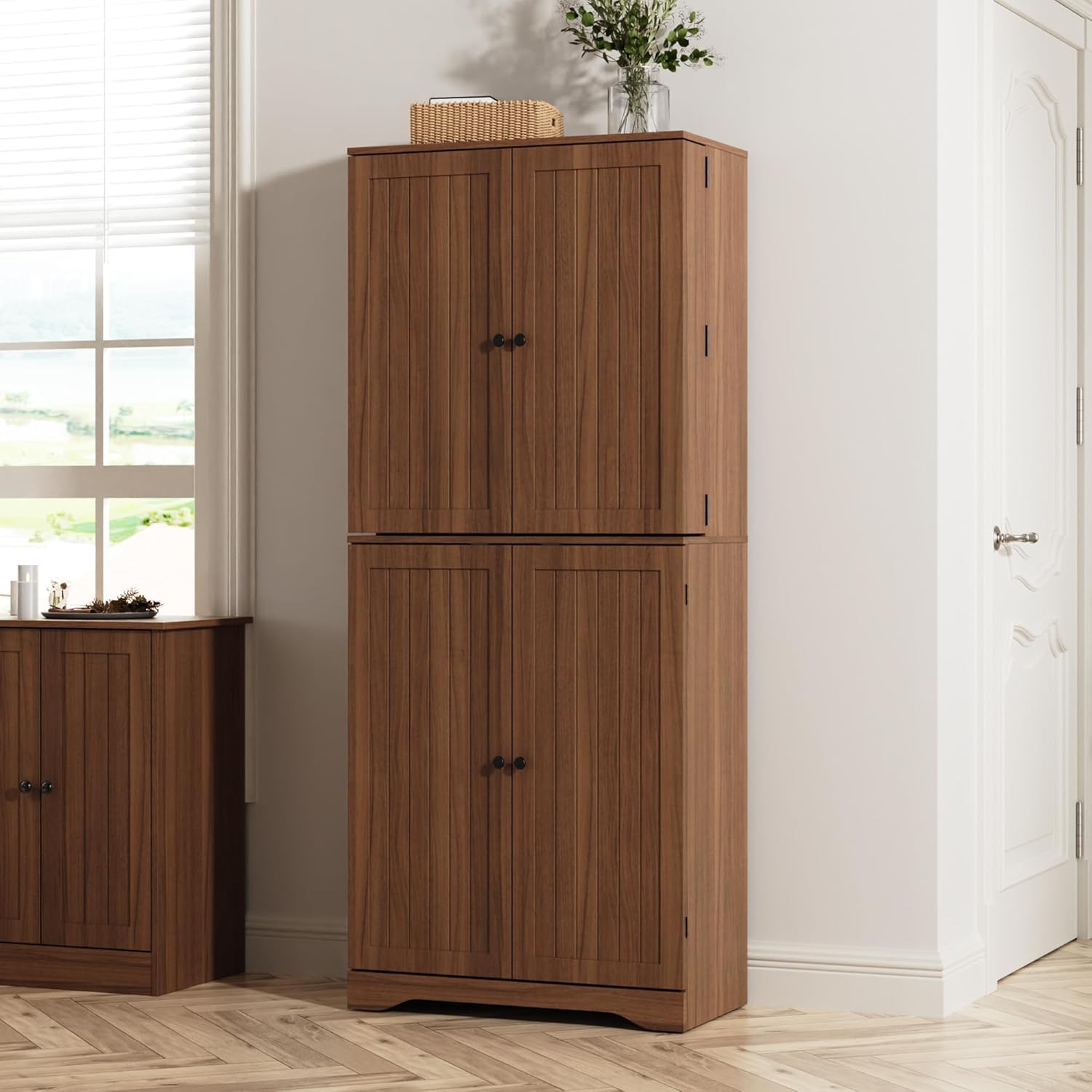 72" Tall Kitchen Pantry, Farmhouse Pantry Storage Cabinet with Doors Organizer, Freestanding Cupboard with Adjustable Shelves, Rustic Buffet Cabinet for Kitchen, Dining Room, Bathroom, Walnut
