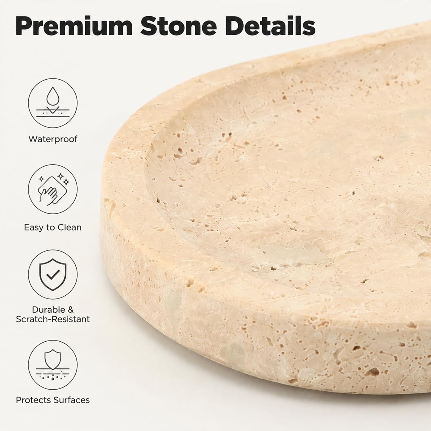 Beige Oval Travertine Vanity Tray, 9.8 x 4.7 Inch Natural Stone Catchall Tray for Bathroom Countertop, Perfume, Cosmetics, Jewelry, Non‑Slip Waterproof Decorative Tray