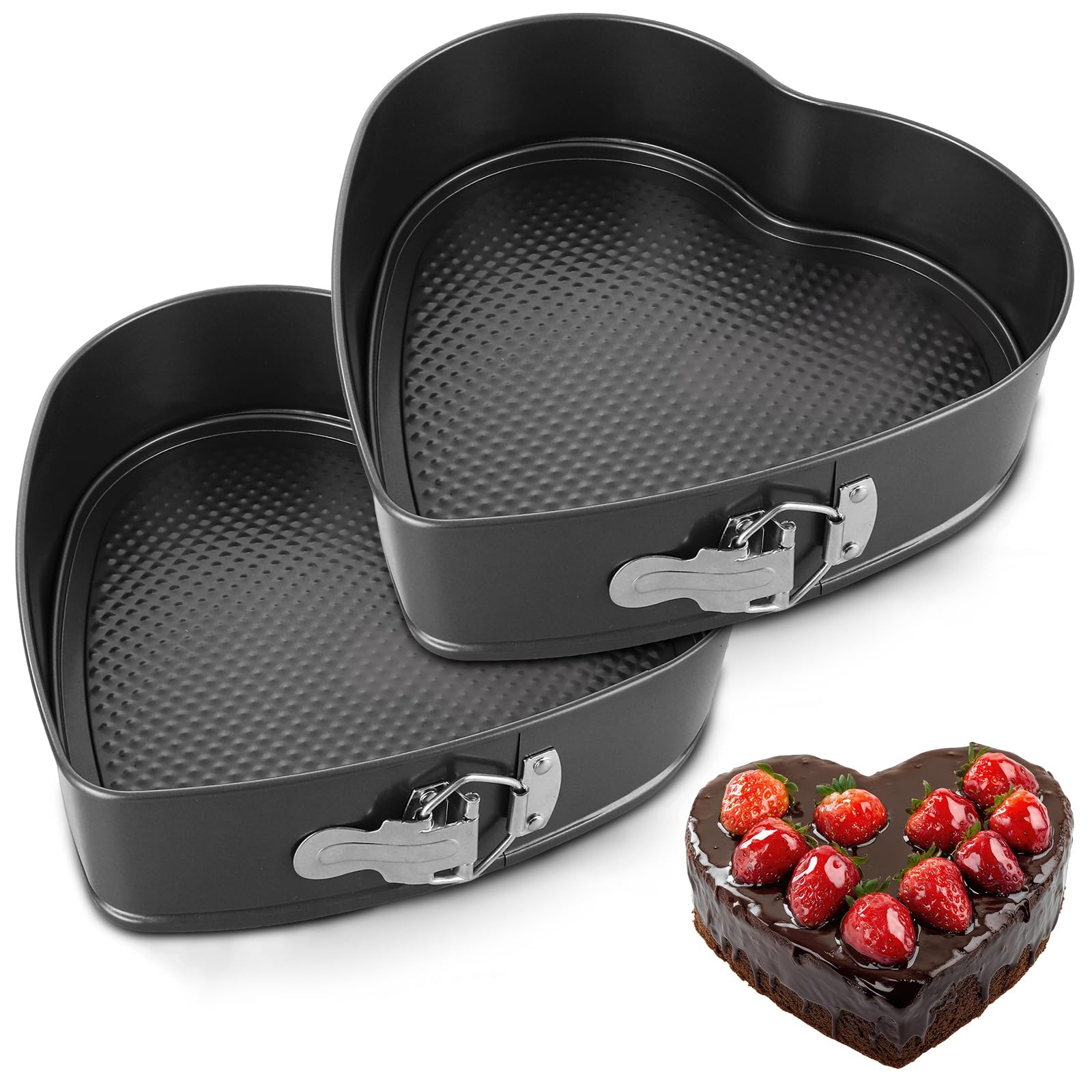 2 tortiere a forma di cuore da 25,5 cm, resistenti, in acciaio al carbonio, antiaderenti, a forma di cuore, con chiusura a scatto e base rimovibile, per forno, colore nero