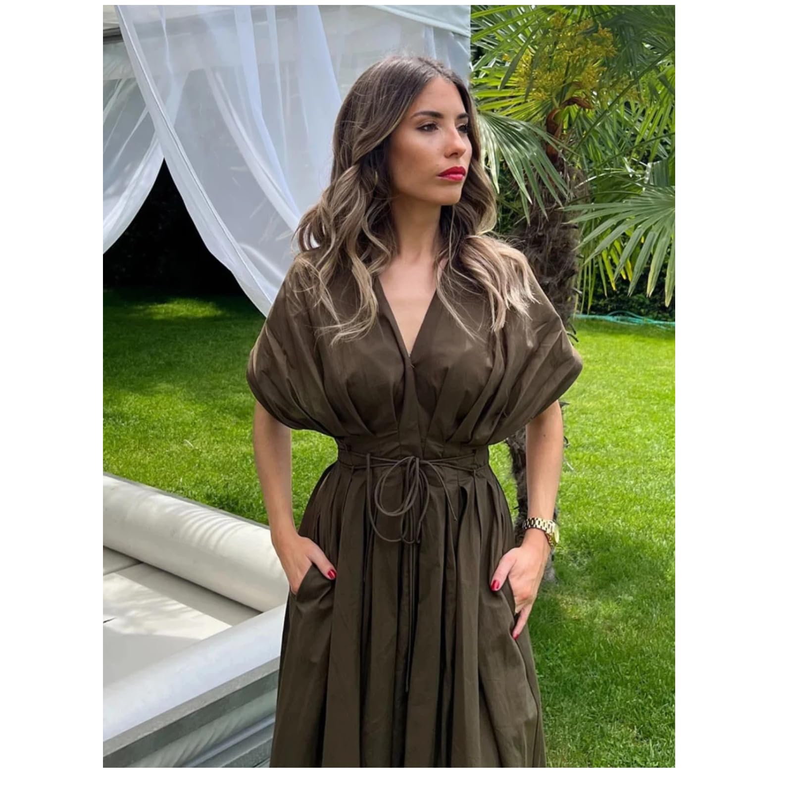 Vestido Plisado de Mujer de Verano con Escote en V y Manga Corta Vestido Elegante y Ajustado de Playa