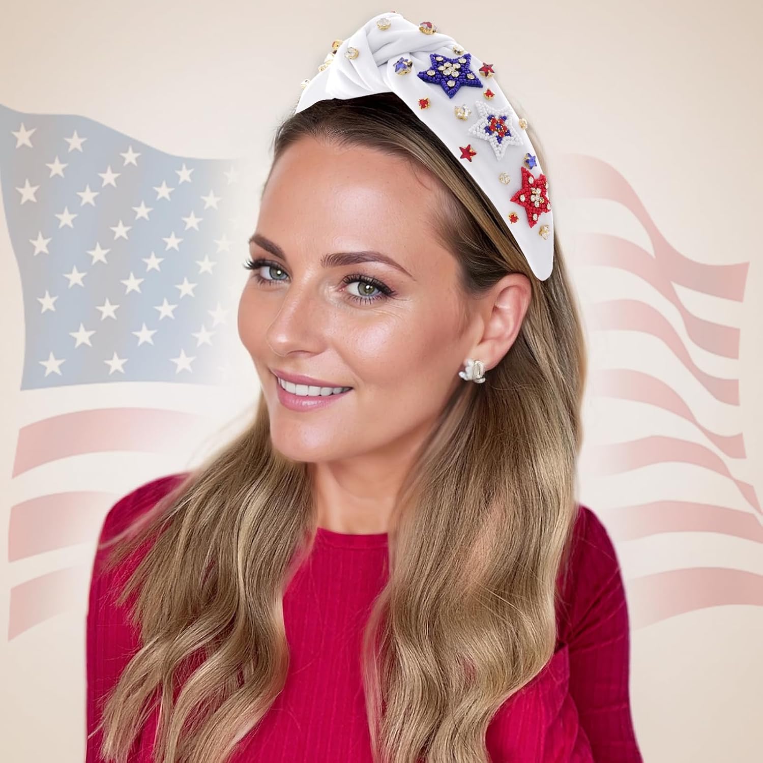 Fourth of July Headband for Women Girls American Flag USA Knotted Crystal Rhinestone Jeweled Hairband Red White and Blue Patriotic Hair Accessories - Image 3