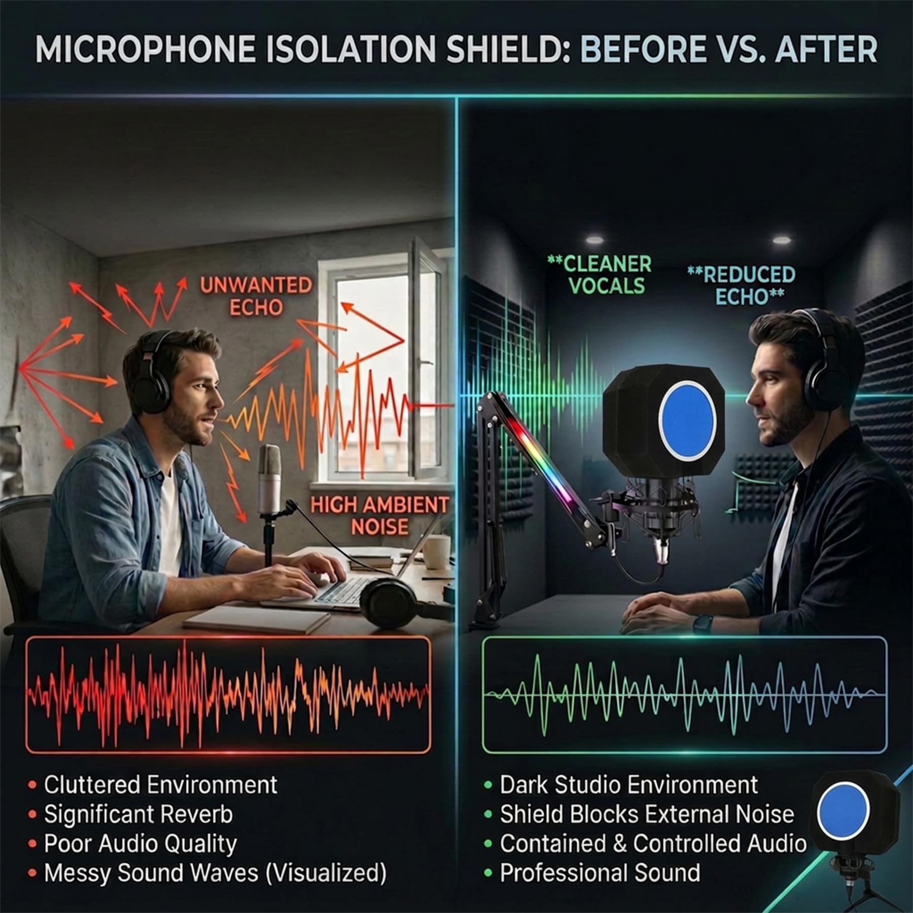 Professioneller Mikrofon-Isolationsschutz mit Pop-Filter, Reflexionsfilter für Aufnahmestudios, schallabsorbierender Schaumstoff zur Geräusch- und Reflexionsreduzierung für Aufnahmen, Singen, Podcasts