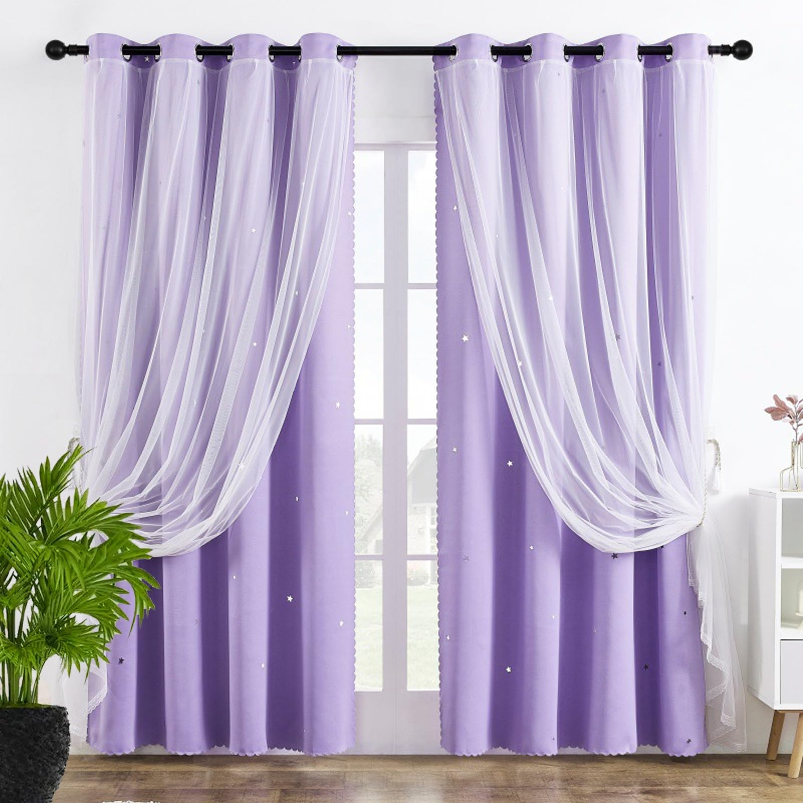 Kurze Gardinen Kinderzimmer Ösenschal 140 x 120 cm Blickdichter Vorhang Thermo Kälteschutz & Wärmeisolierend Kindervorhänge Kinder-Verdunkelungsvorhänge für Wohnzimmer, Lila