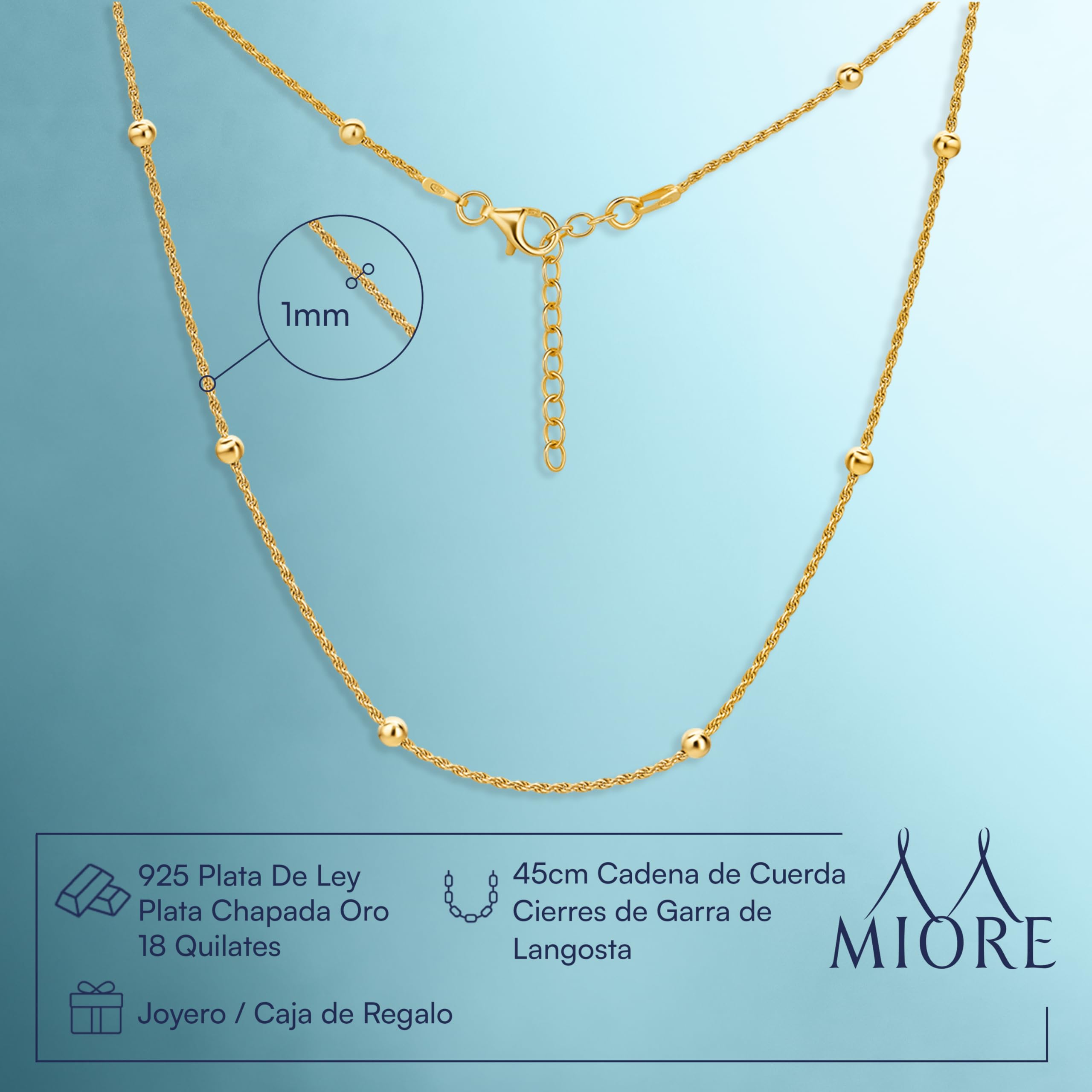 MIORE Collar Mujer con Bola, Cadena Plata Esterlina 925 Chapada en Oro de 18 Quilates, Collar Plata Mujer sin Colgante, 45 cm Cadena Ajustable, Joyería Hipoalergénica Hecha a Mano en Italia