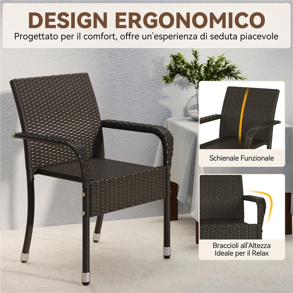 Yaheetech Set di 2 Sedie Impilabili in Rattan Sedia da Giardino con Braccioli Piedini Regolabili e Schienale per Giardino Balcone PatioTerrazza Marrone