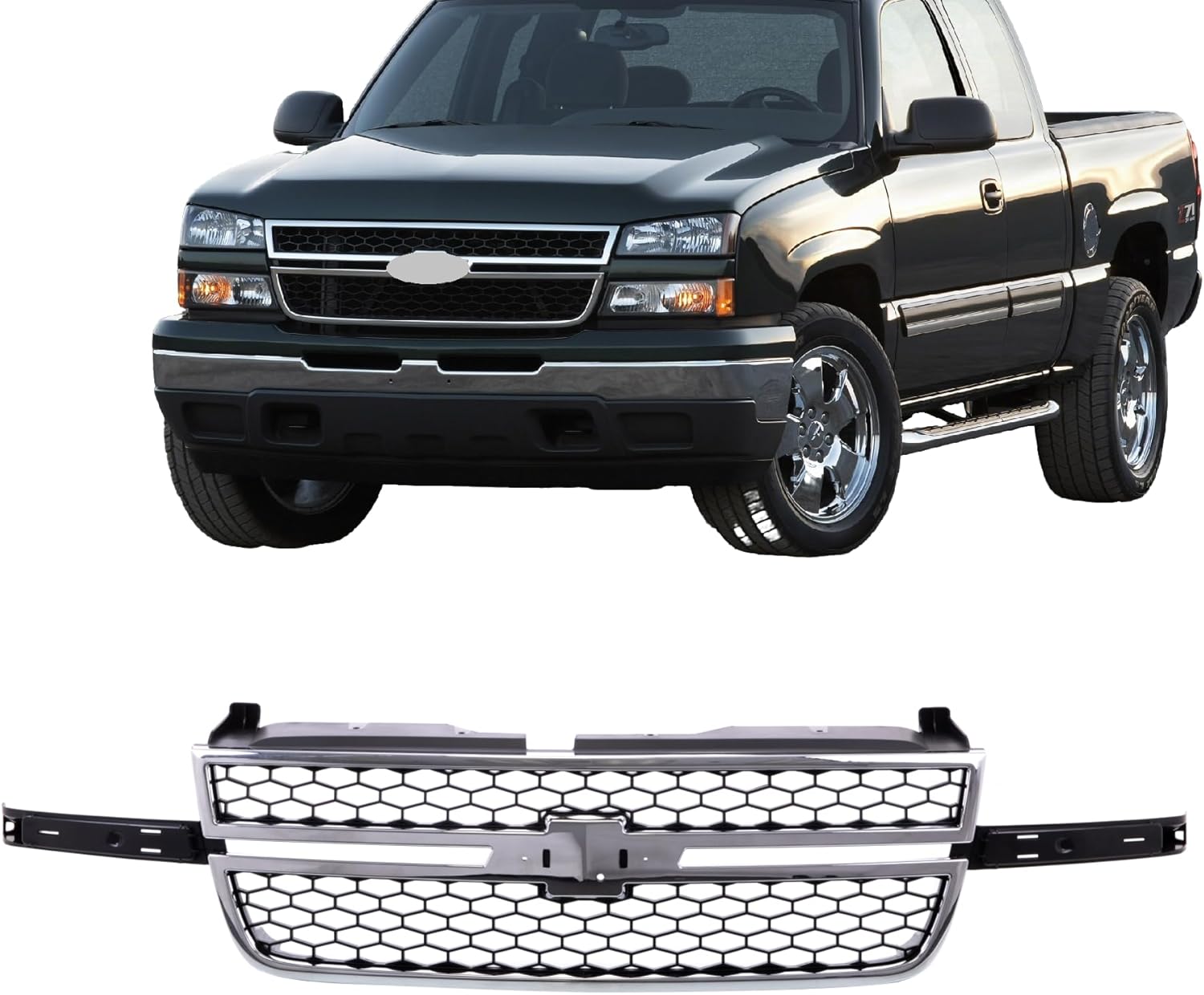 CarPartsDepot Front Grille (w/o Molding Trim) Compatible With 2003-2006 Chevy Silverado 1500 HD 2500 HD 3500 &2007 Classic & Chrome Shell With Black Insert Grill