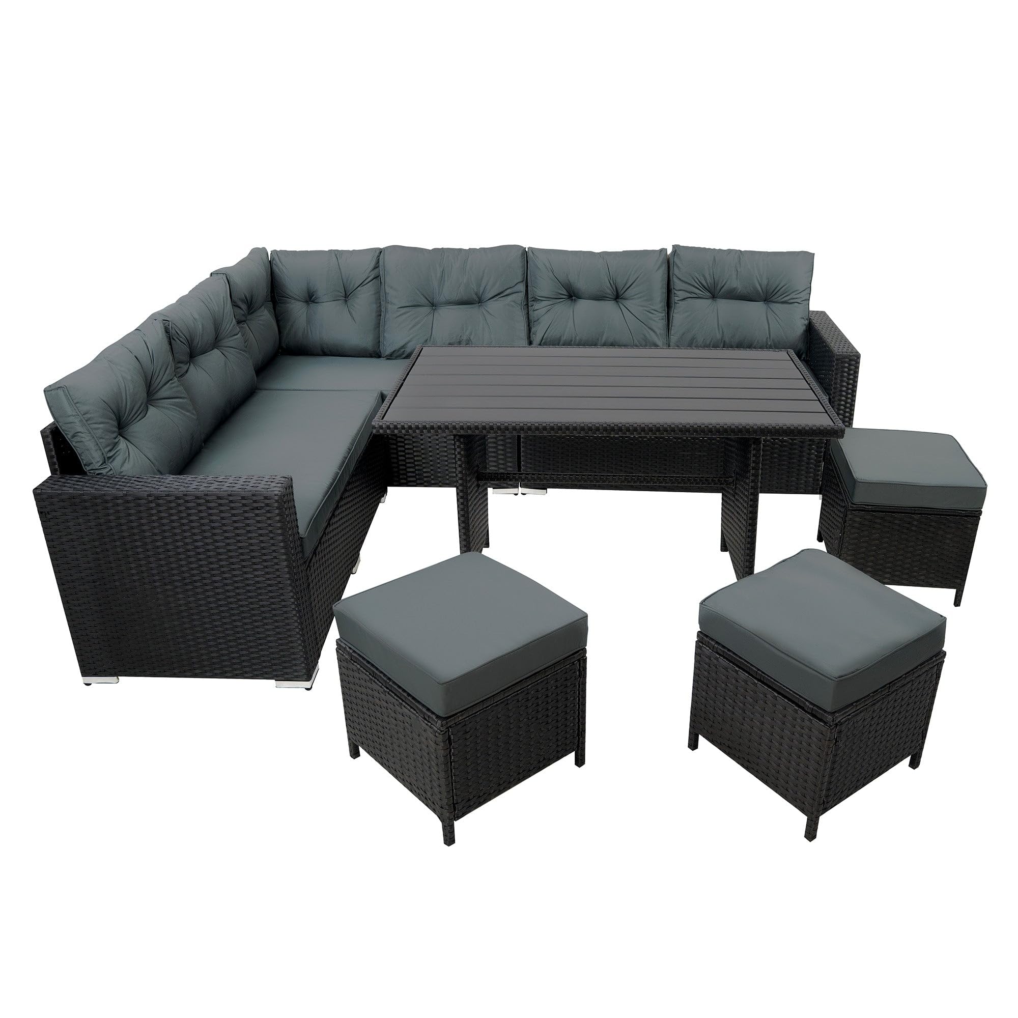 Conjunto Comedor Jardín Ratán 9 Plazas con Sofá Rinconera Mesa y Taburetes Muebles Exterior Poliratán Negro con Cojines Gruesos y Funda Impermeable Terraza Patio