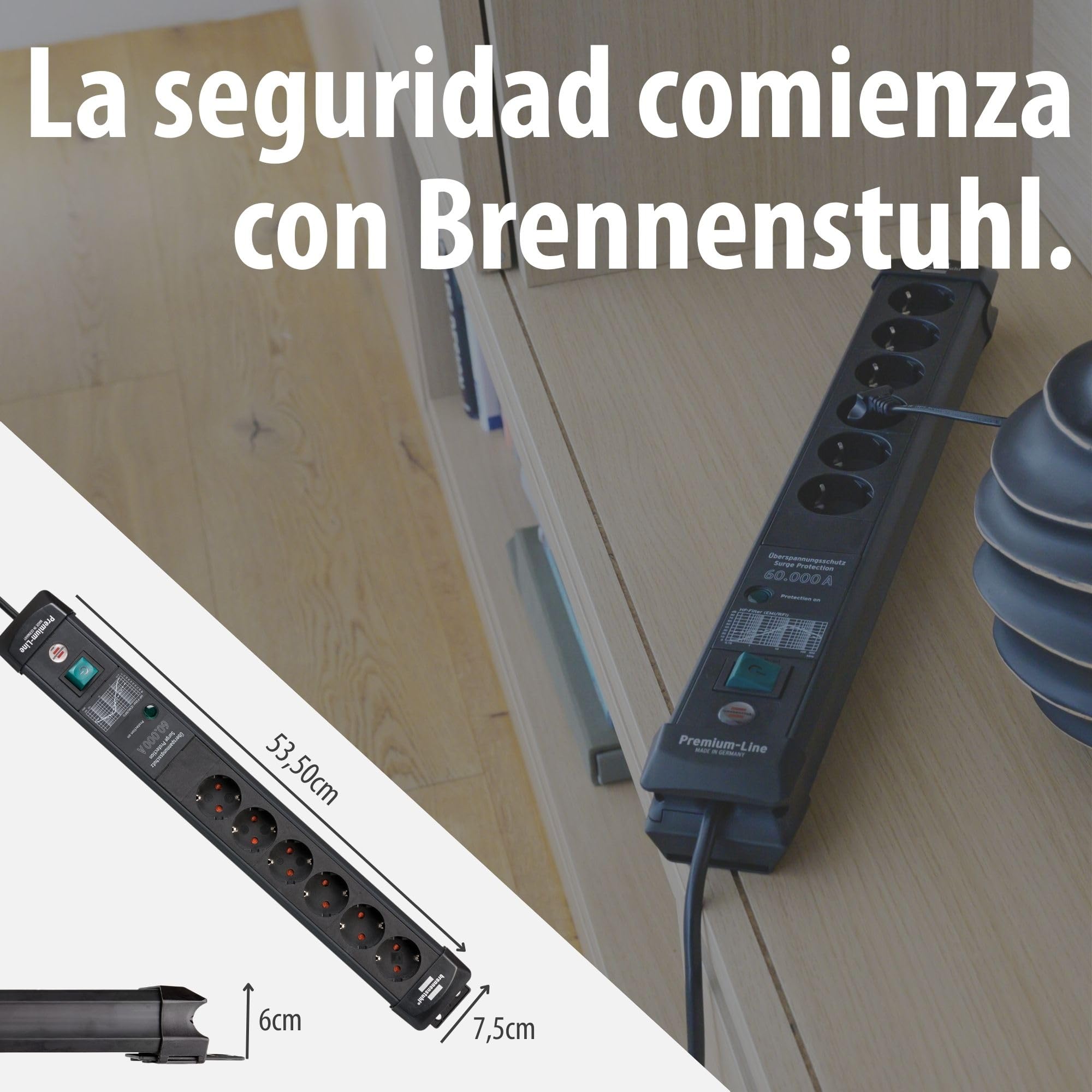 Brennenstuhl Premium-Line regleta enchufes de 6 Tomas con protección contra sobretensiones hasta 60.000 A (Cable de 3 m, Interruptor, montable, Fabricado en Alemania) Negro