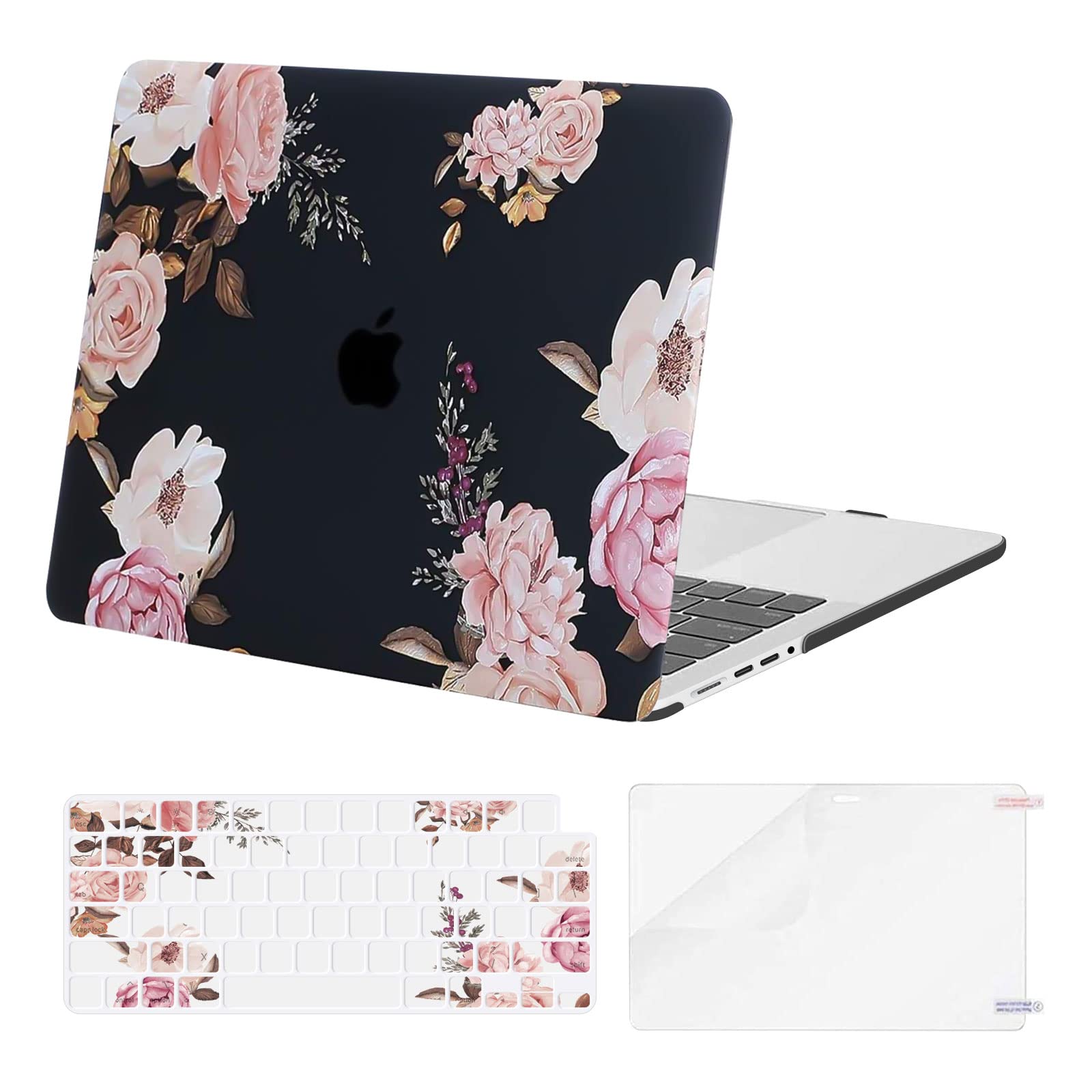 MOSISO Compatible with MacBook Pro 14 inch Case 2025-2021 Release A2442 M1 Pro / M1 Max with Liquid Retina XDR Display Touch ID, Plastic Peony Hard Shell Case&Keyboard Cover&Screen Protector, Black