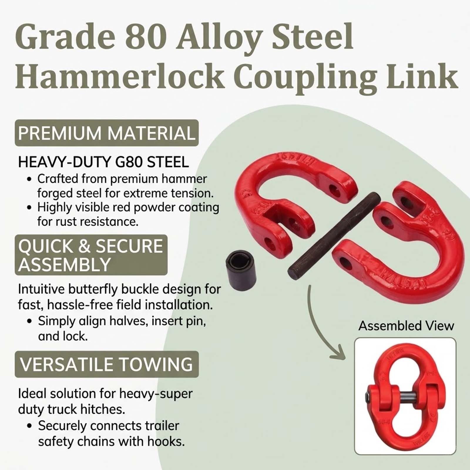 Eslabón de acoplamiento Hammerlock acero aleación grado 80, conector cadena, enganche remolque Enlace for camión pesado, rojo(15T)
