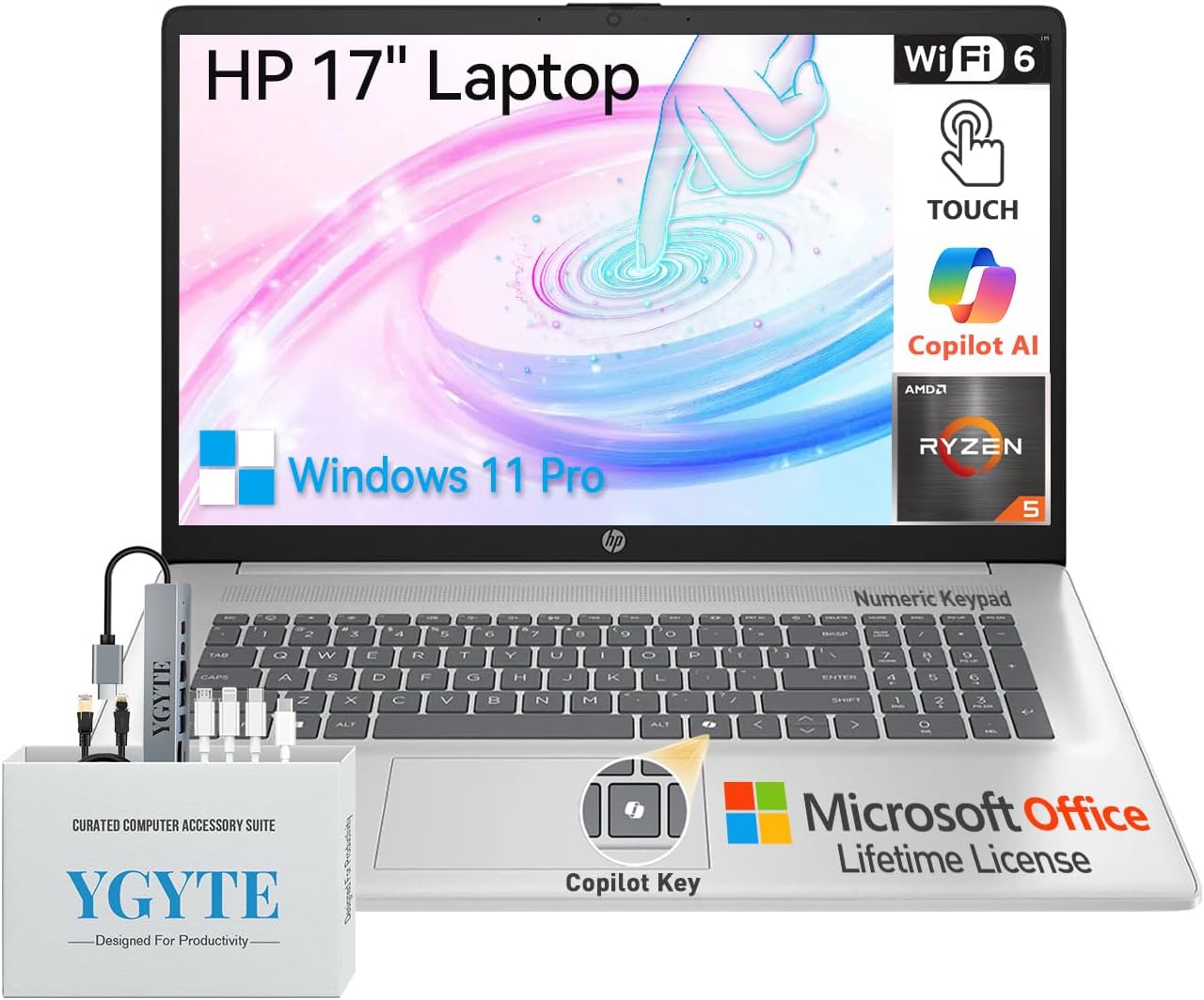 HP 17 Inch Touchscreen Laptop Computer, 17.3" HD+ Touch Screen Business Laptop, AMD Ryzen 5 (6-Cores), 64GB RAM 2TB SSD, Windows 11 Pro Lifetime Office, 10-Key Number Pad