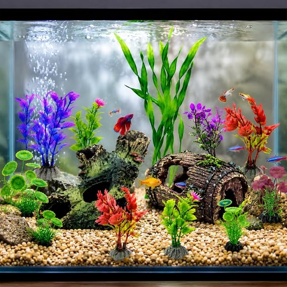 Aquarium Decorations Set, Fish Tank Decor with Artificial Plants and Resin Ornaments, Betta Fish Tank Accessories for Small Tanks, Soft Safe Plastic Plants with Hideout Cave Decor(Ornaments set #2)