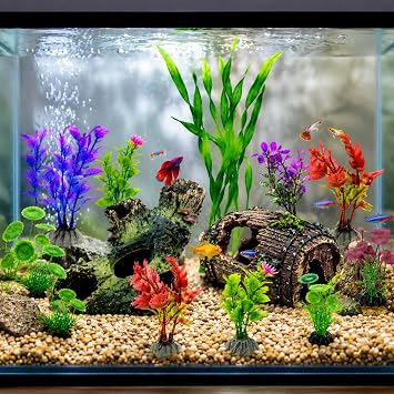 Aquarium Decorations Set, Fish Tank Decor with Artificial Plants and Resin Ornaments, Betta Fish Tank Accessories for Small Tanks, Soft Safe Plastic Plants with Hideout Cave Decor(Ornaments set #2)