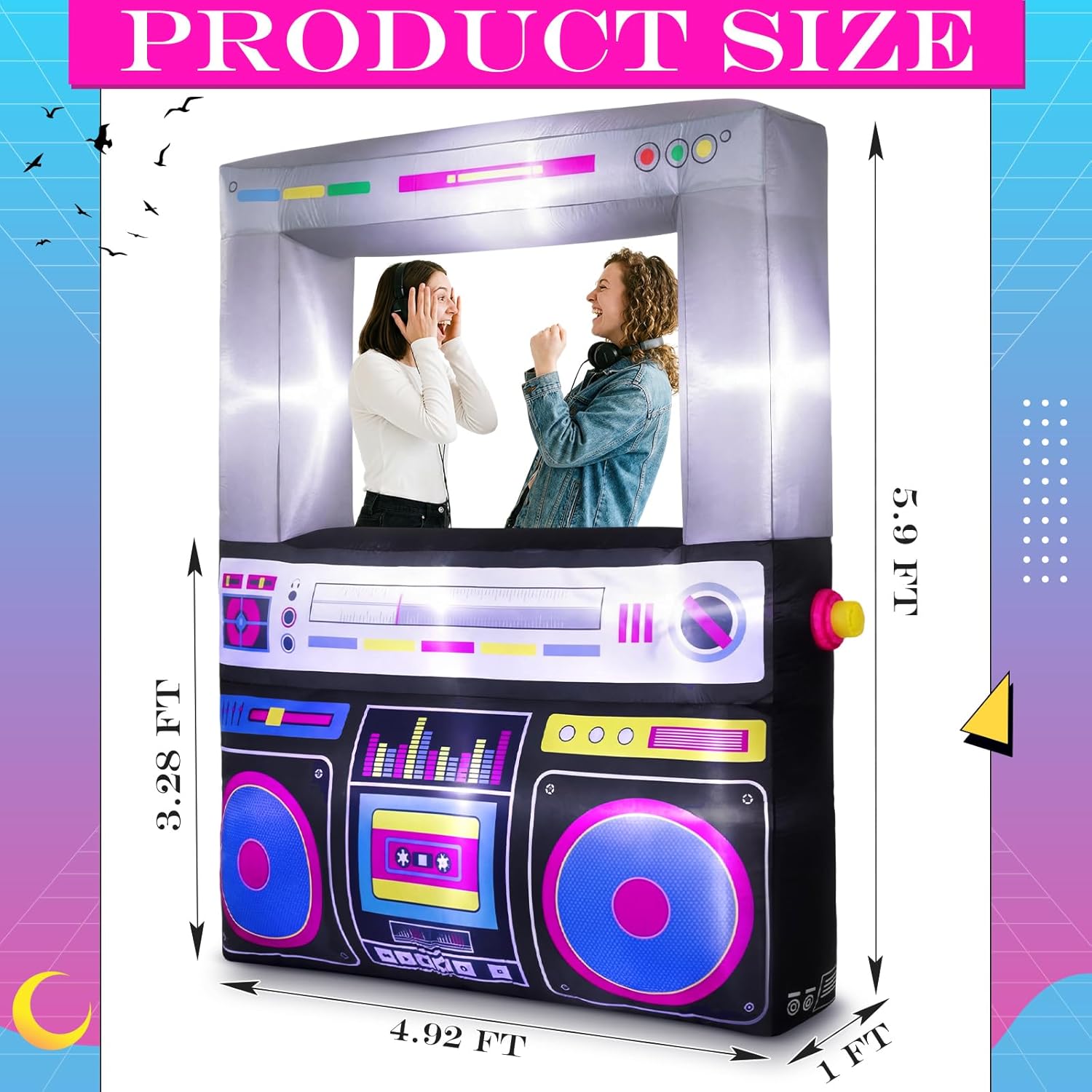 Soulchen 6 x 5 ft Inflatable Radio Boombox Decor with Built in LEDs Lighted and Air Blower, 80's 90's Party Decoration Blow up Giant Radio Boombox for Hip Hop Birthday Disco Retro Photo Props(Black)