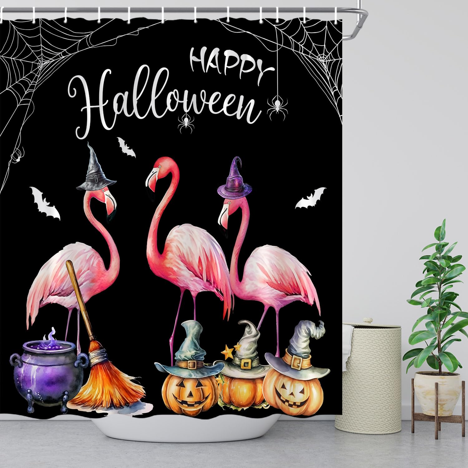 Halloween-Duschvorhang – Rosa-gruselig Mit Hexe, Kürbis & Co., 178x178 Cm, Polyester, Mit Haken