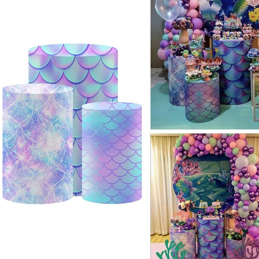 Mermaid Themed Cylinder Plinth Covers - Under The Sea Blue Glitter Party Decor For Baby Showers & Princess Birthdays