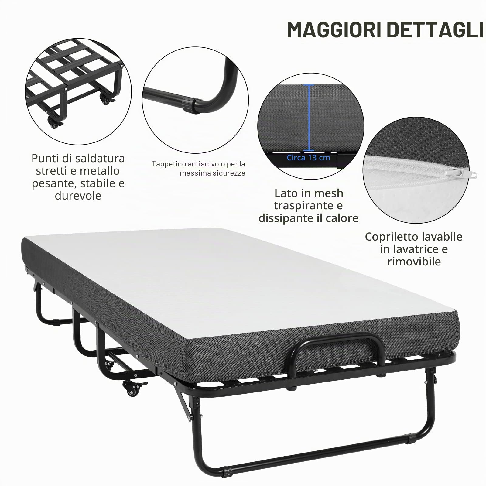 DICTAC Letto Pieghevole Singolo con Materasso 90x200 cm Brandine Letto Pieghevole per Adulti con 13 cm Materasso Memory Foam,Metallo letto richiudibile con Ruote,Fino a 200 kg,nero