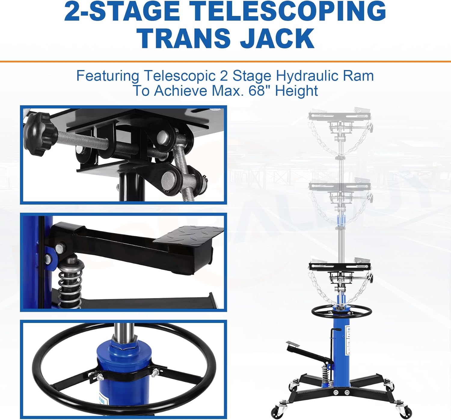 Transmission Jack 1400 lbs/ 0.63 Ton Capacity Hydraulic Telescopic Transmission Jack 34" - 68" Adjustable Height Telescoping Transmission Hydraulic with 360° Swivel Wheels Lift Hoist