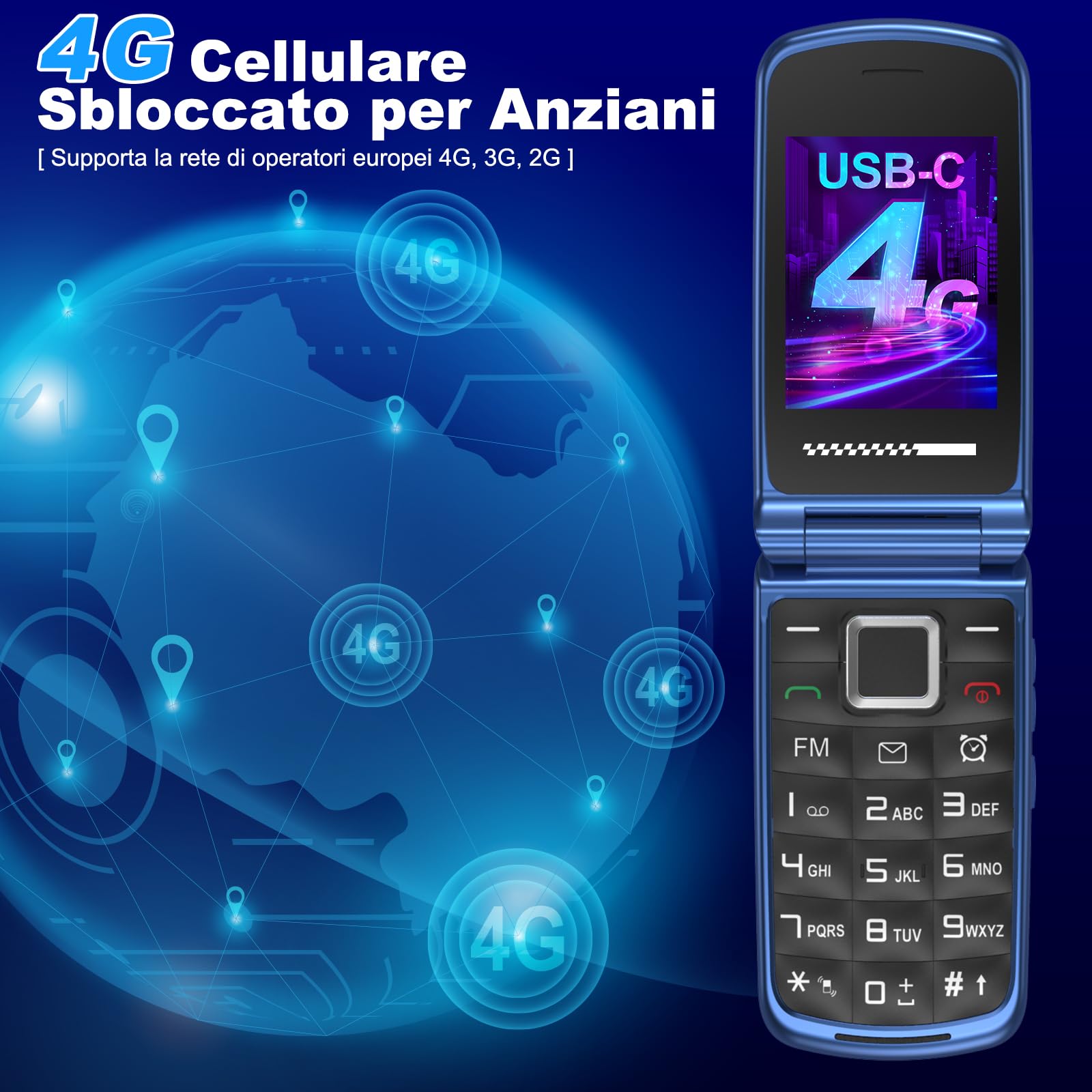 Telefono Cellulare per Anziani 4G, Telefoni Cellulari Tasti Grandi a Conchiglia Volume Alto Schermo da 2,4 e 1,77 Pollici Doppia SIM Funzione SOS Base di Ricarica Chiamata Rapida Torcia Sveglia, Blu