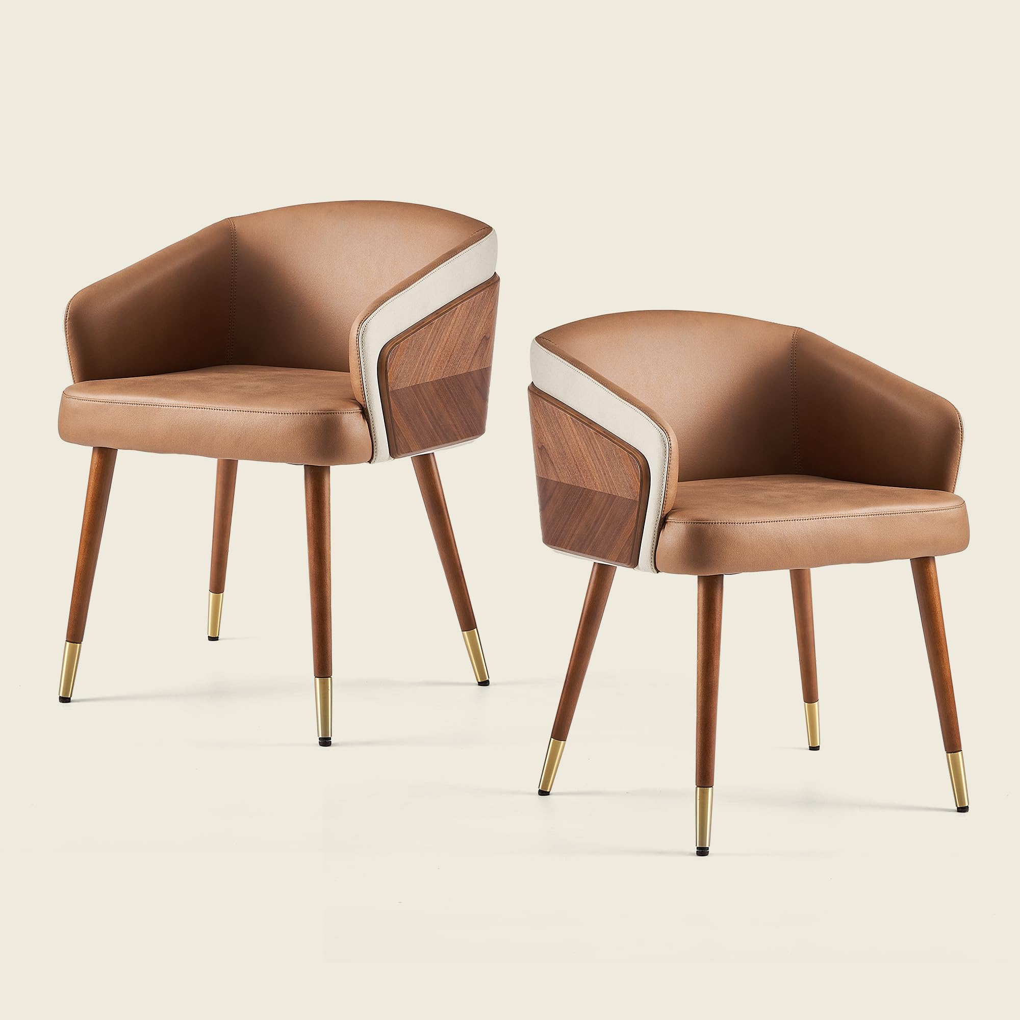 ARTPLAN Dinning Mid Century Modern Chairs Set of 2,Faux Leather Upholstered Accent Arm Chairs,Beech Legs with Metal for Living Room,Dining Room,Home