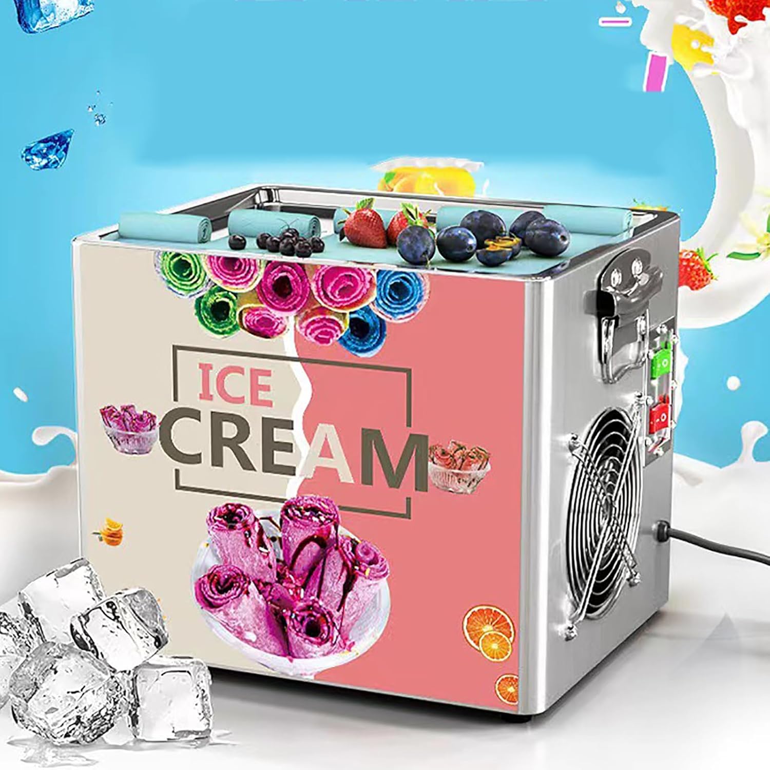 330W Stainless Steel Fried Yogurt Machine, 30 * 24CM Small Fried Ice Machine with Heat Dissipation Holes, Wok Depth 1.5CM, Fast Cooling, Used for Making Smoothies