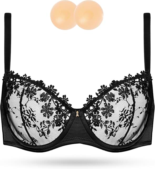 Wingslove Women's Sexy Lace Bra Demi Sheer Mesh Balconette See Through B...