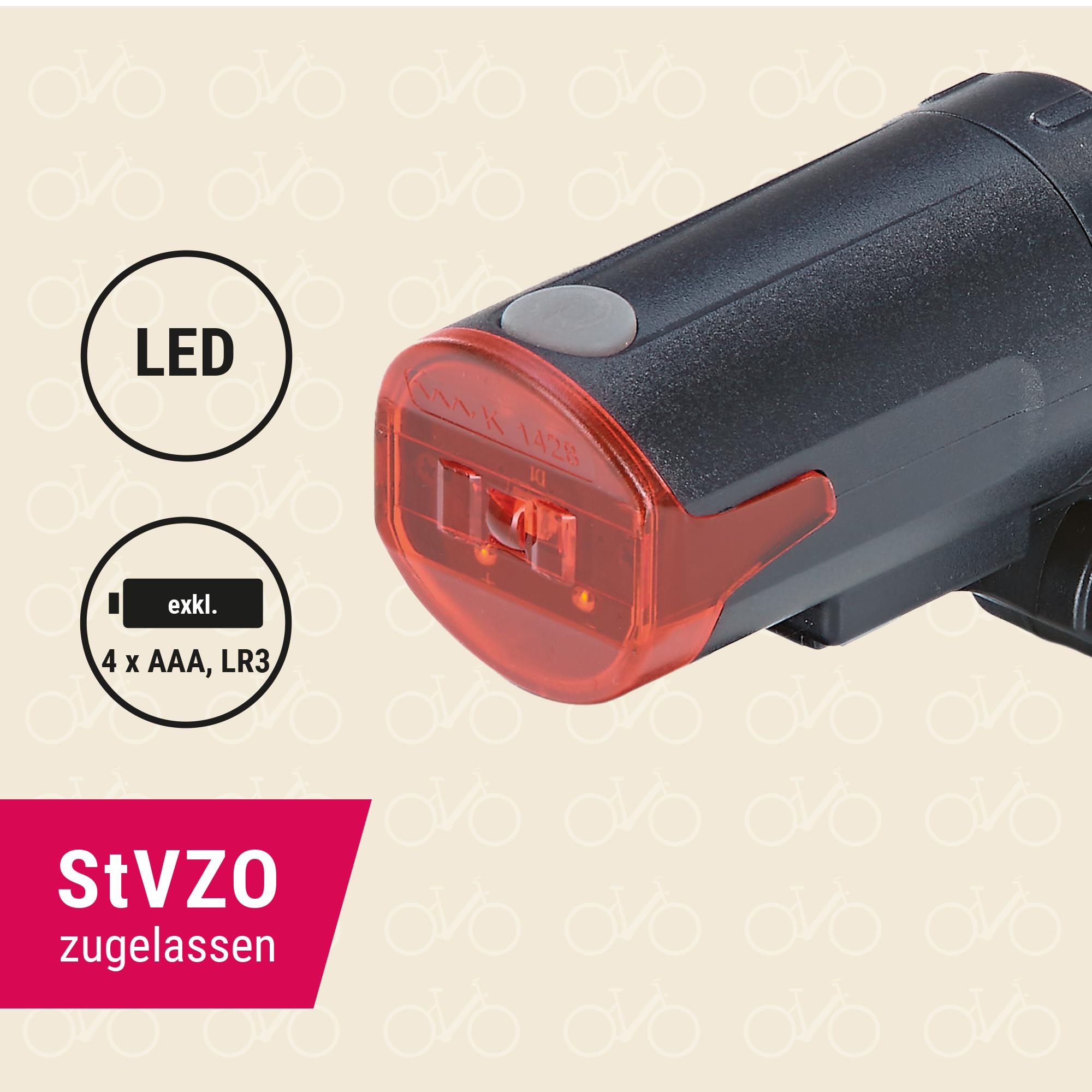 Prophete LED Batterierücklicht StVZO zugelassen IPX4 wasserdicht Werkzeugfreie Montage für Sattelstütze Ø 25,4–31,8 mm mit Batterie-Indikator