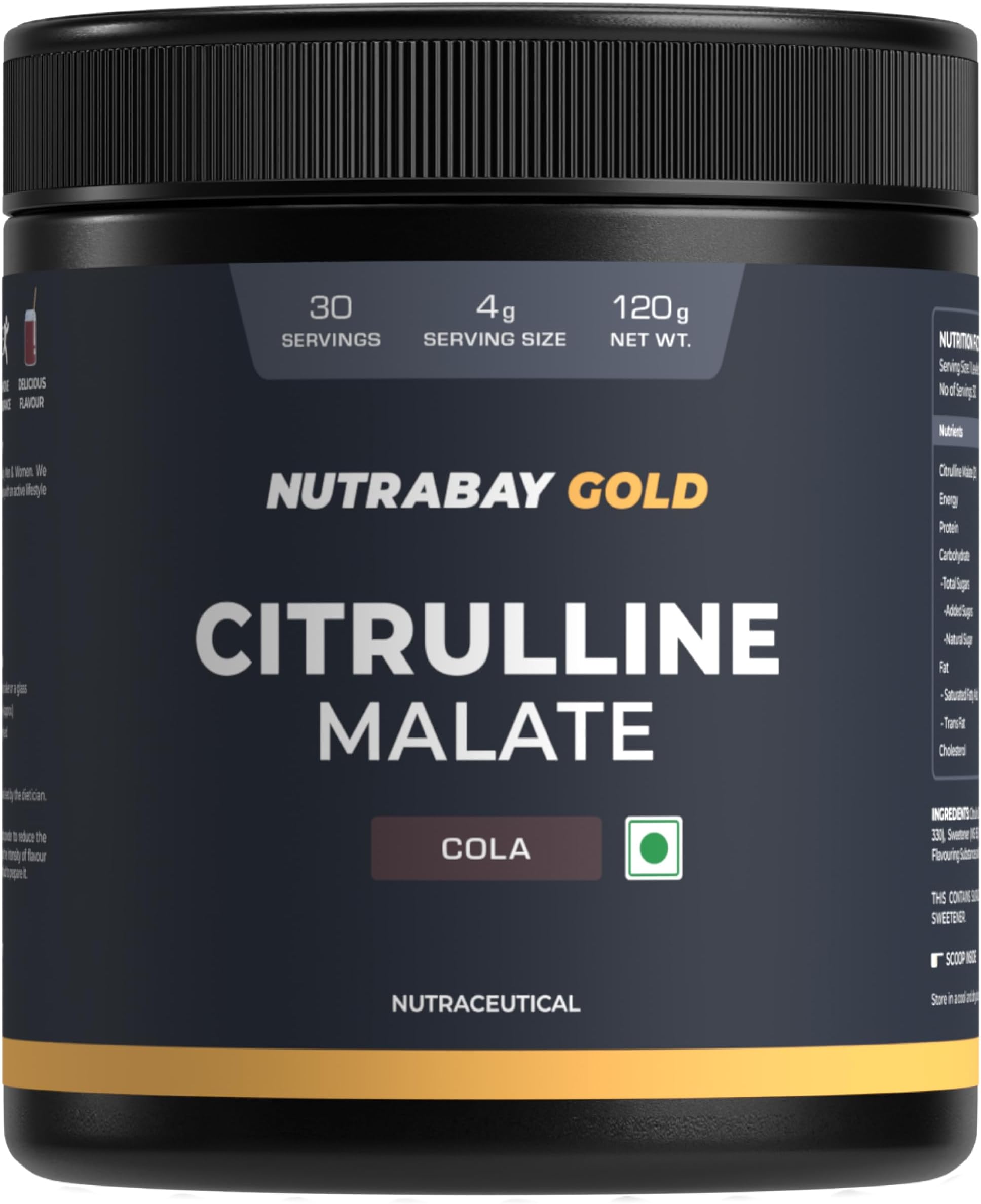 Nutrabay Gold Citrulline Malate 2:1 Supplement Powder 120g, Cola Flavor – Boosts Nitric Oxide – Pre Workout for Muscle Pump, Improved Endurance & Recovery | Tested for Purity | No Banned Substances