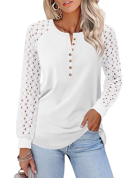 TICTICMISS Women's Lace Long Sleeve Shirts Henley Crewneck Tops Business Casual Fall Blouses