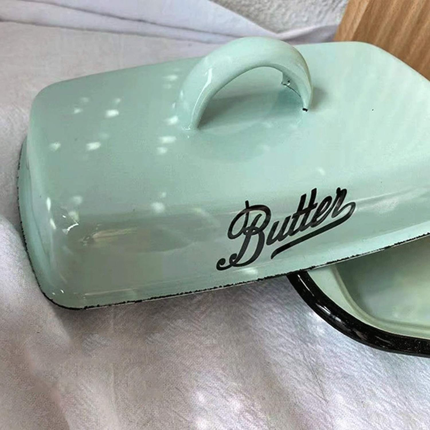 Butter Dish Enamel Butter Dish, Retro Nostalgic Butter Container with Lid, Enamel Butter Tray That Can Hold Butter Snack Cheese（Green） Butter Dishes